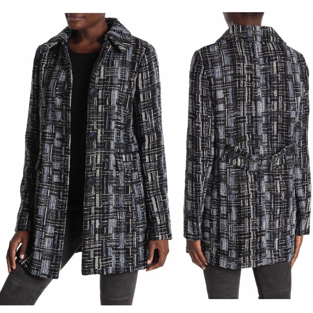 Elie Tahari Black/Blue Checker Rakel Tweeted Coat